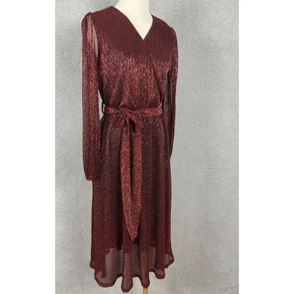 Grace Karin Women's Flowy Wrap V-Neck Midi Glitter Chiffon Dress Red Small NWTs - Picture 3 of 8